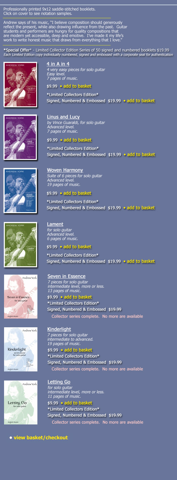 Andrew York Sheet Music sales, Guitar Composotions - Seven in Essence, Kinderlight, Letting Go
