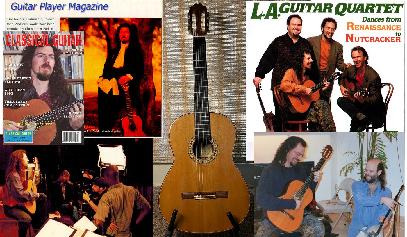 Historical collage featuring Andrew York, LAGQ, and the 1990 Eric Sahlin guitar