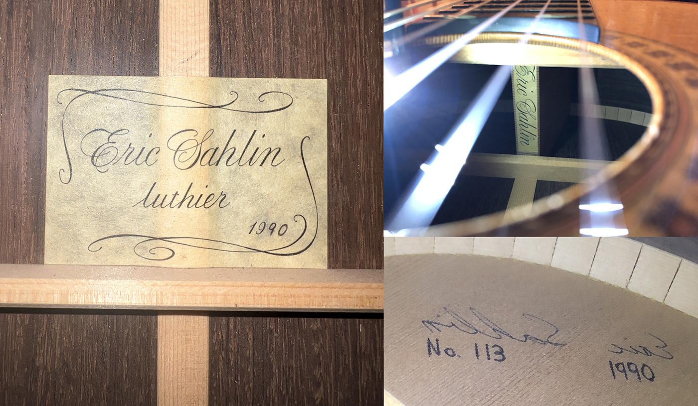 Label, rosette and handwritten construction details of Eric Sahlin guitar #113